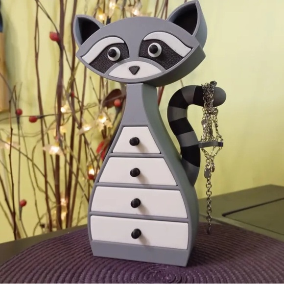 Other - 3D Printed Gray & White Raccoon Jewelry Box Holder.